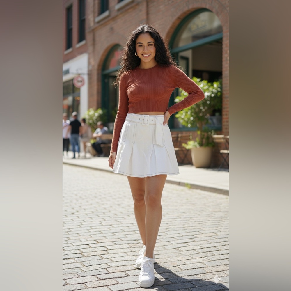 100 % cotton  En Saison Ivory Belted Skirt